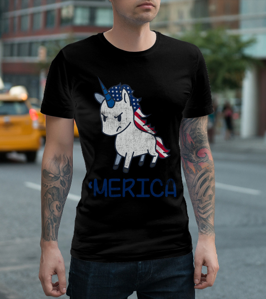 Merica Unicorn with Patriotic Stars and Stripes Mane Americorn T-Shirt