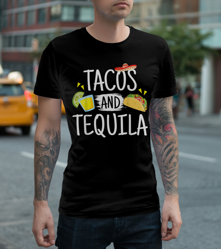 Tacos and Tequila Mexican Sombrero with Lime Slice and Taco Icons T-Shirt