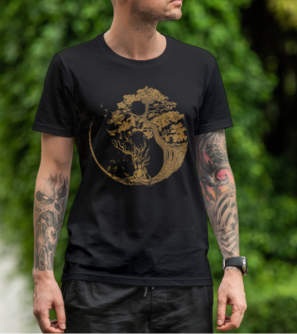 Bonsai Tree And Meditative Buddha Enclosed In Circular T-Shirt