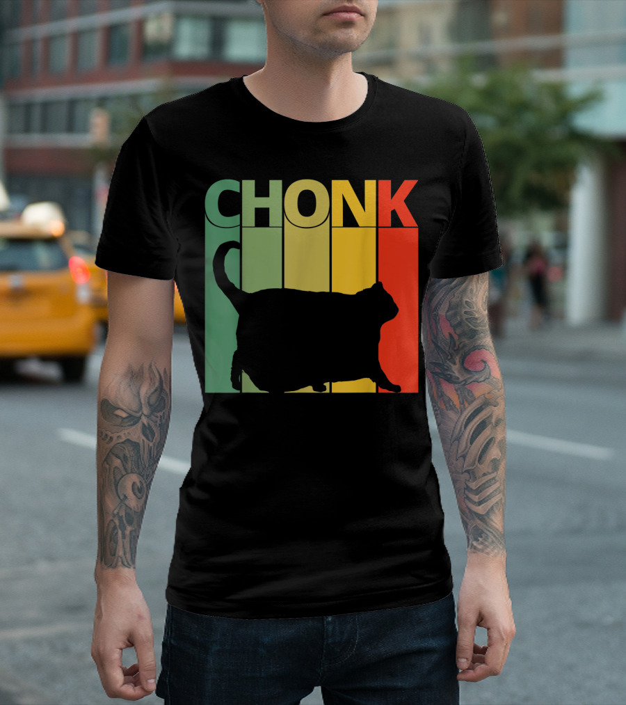 Chonk Cat Meme Funny Big Chungus Retro Stripes T-Shirt