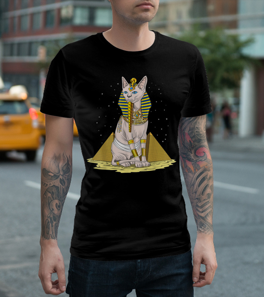 Sphynx Cat Pharaoh Bastet With Egyptian Pyramids Mythology T-Shirt
