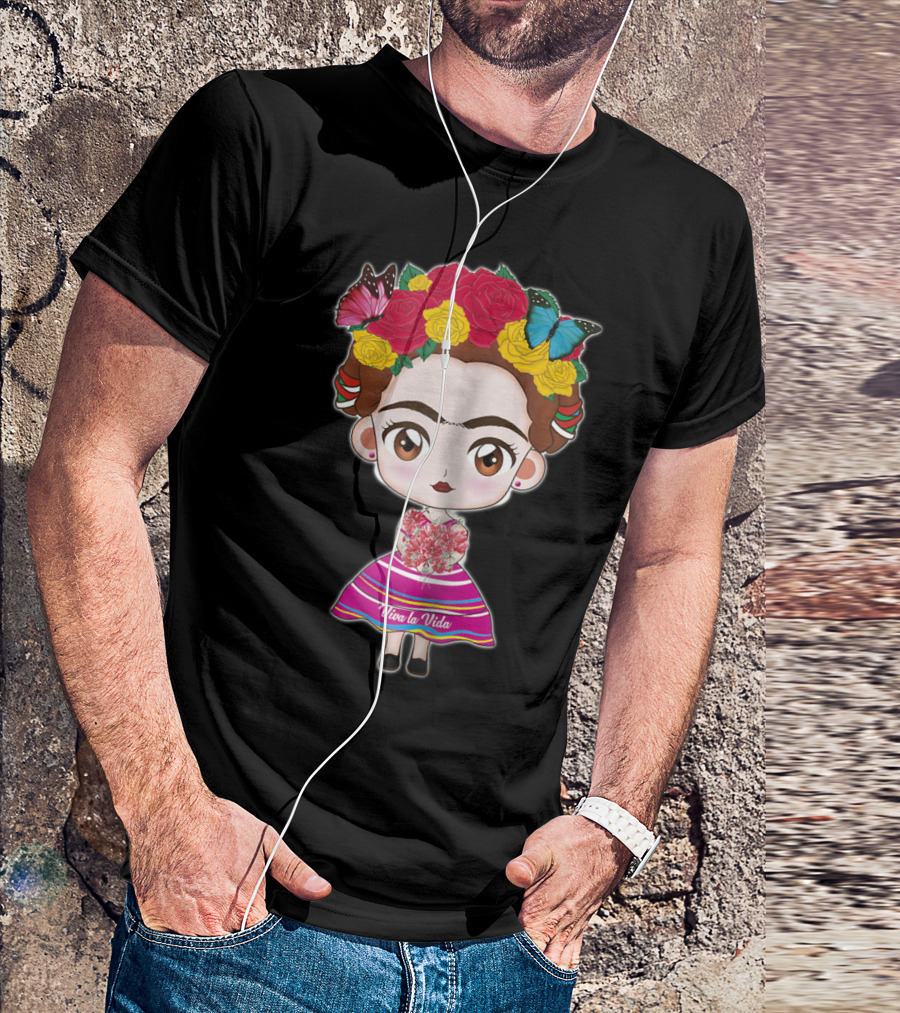 Viva Mexico Viva La Vida Mexican Frida With Flower Crown And Butterflies T-Shirt