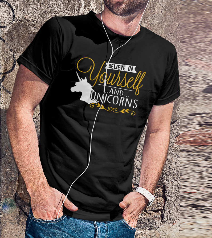 Believe In Yourself And Unicorns Head Graphic Whimsical Font T-Shirt