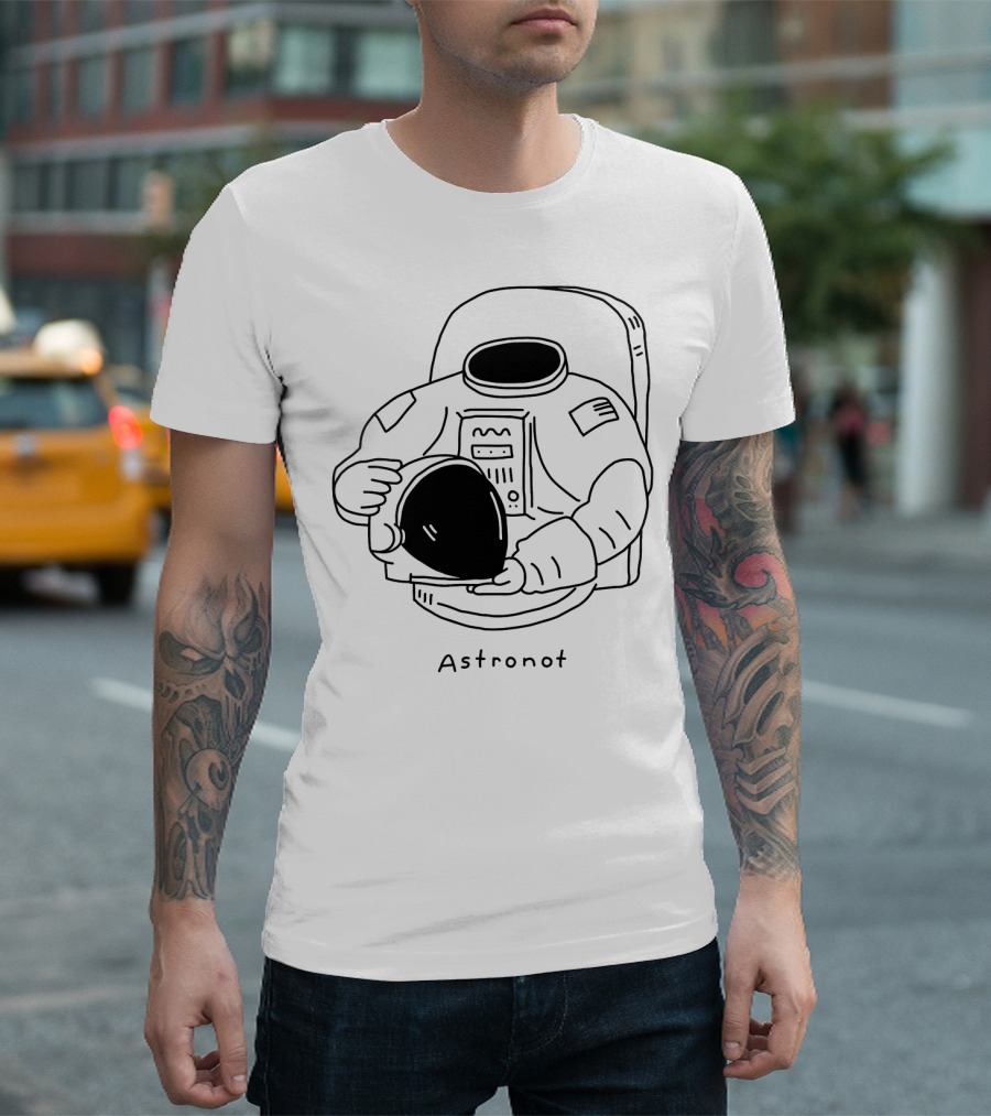 Astronot Spacesuit Holding Helmet with American Flag Patch T-Shirt