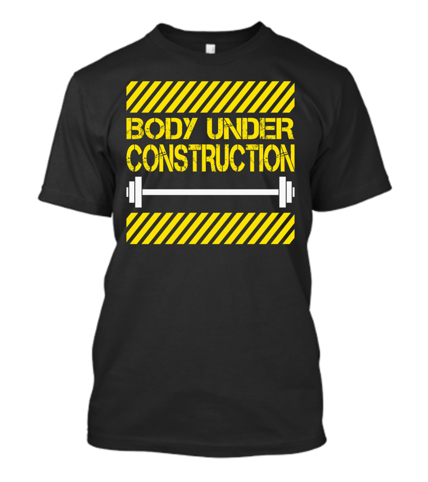 Body Under Construction Yellow Stripes Weightlifting Barbell T-Shirt