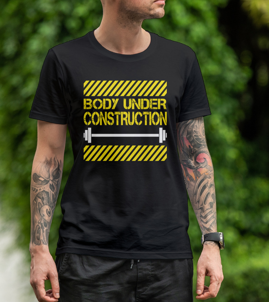 Body Under Construction Yellow Stripes Weightlifting Barbell T-Shirt