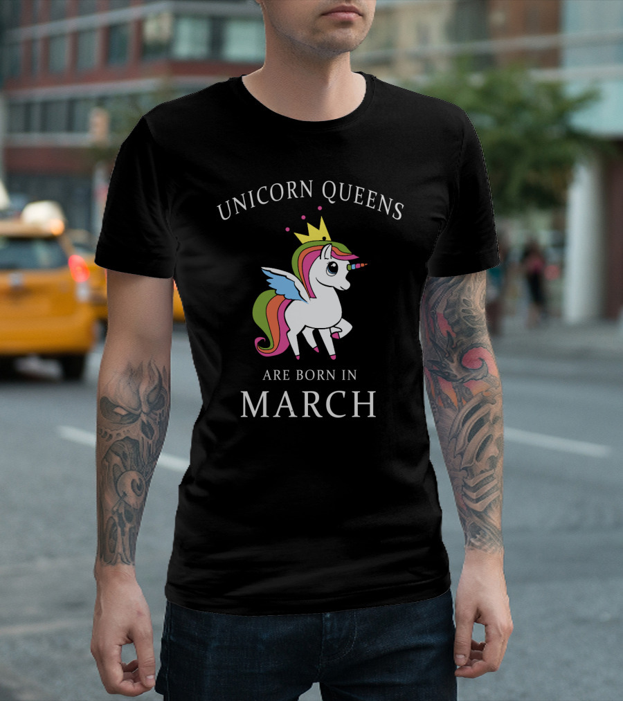 Unicorn Queens With Crown And Wings Are Born In March T-Shirt