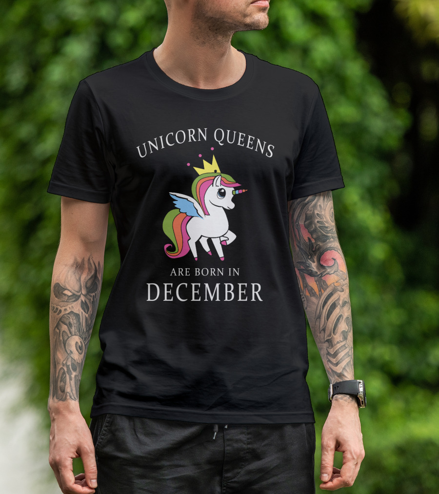 Unicorn Queens Are Born In December With Crown And Wings T-Shirt