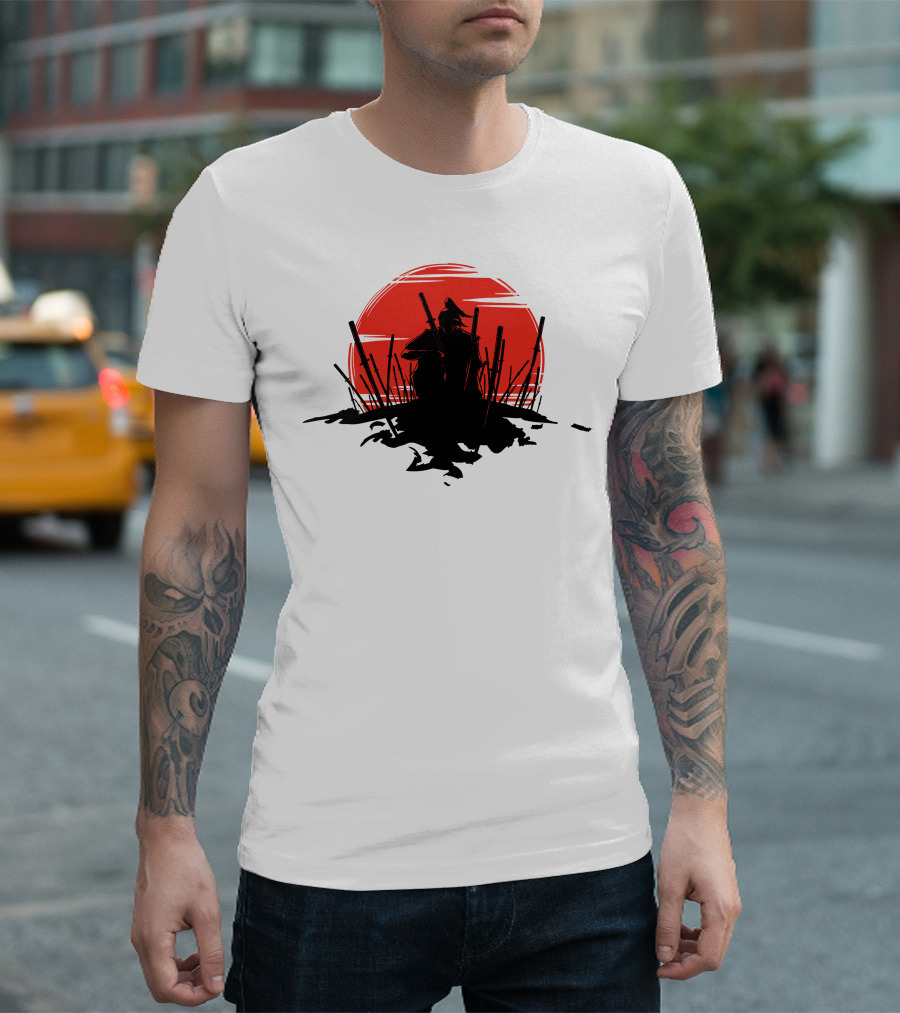 The End Of The Battle Samurai Silhouette Against Red Sun Rising T-Shirt