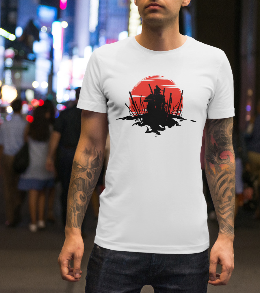 The End Of The Battle Samurai Silhouette Against Red Sun Rising T-Shirt
