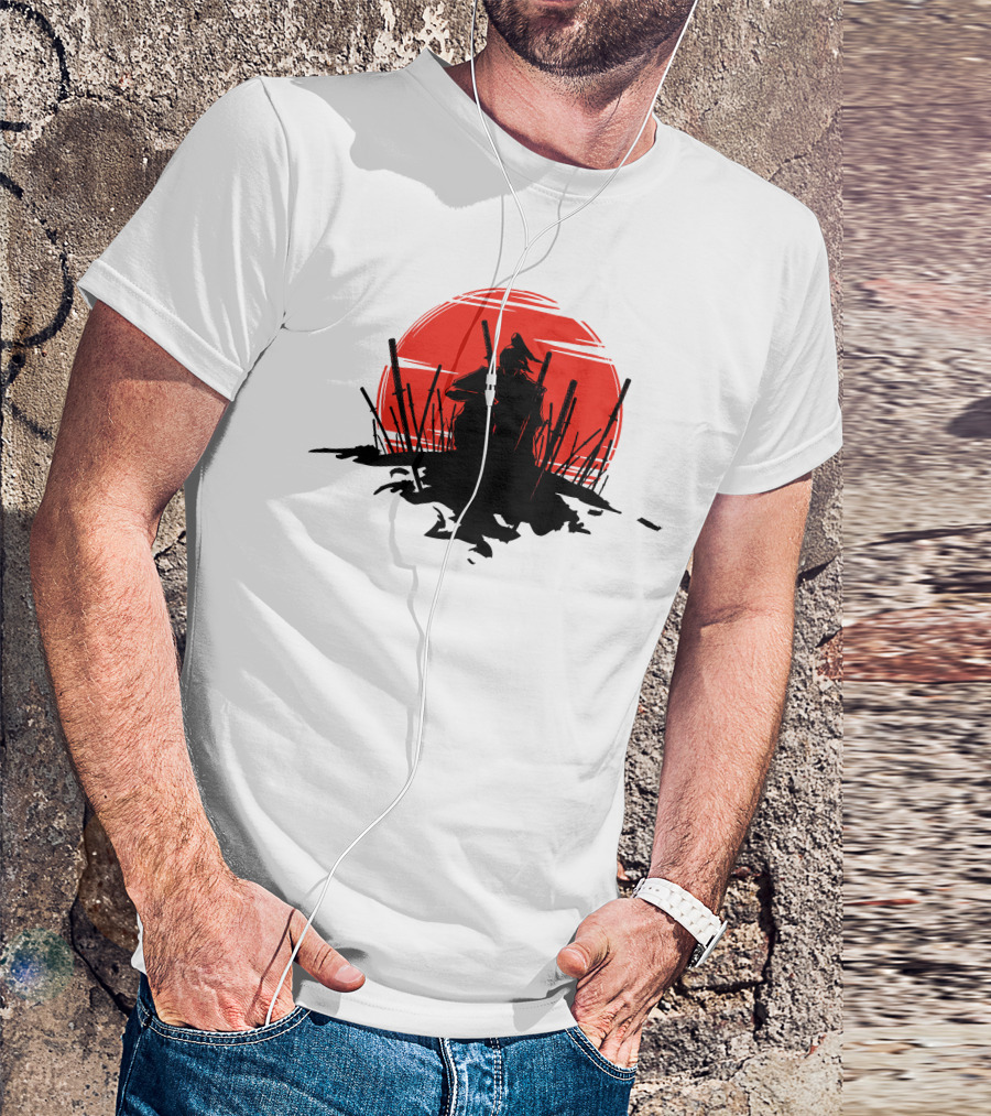 The End Of The Battle Samurai Silhouette Against Red Sun Rising T-Shirt
