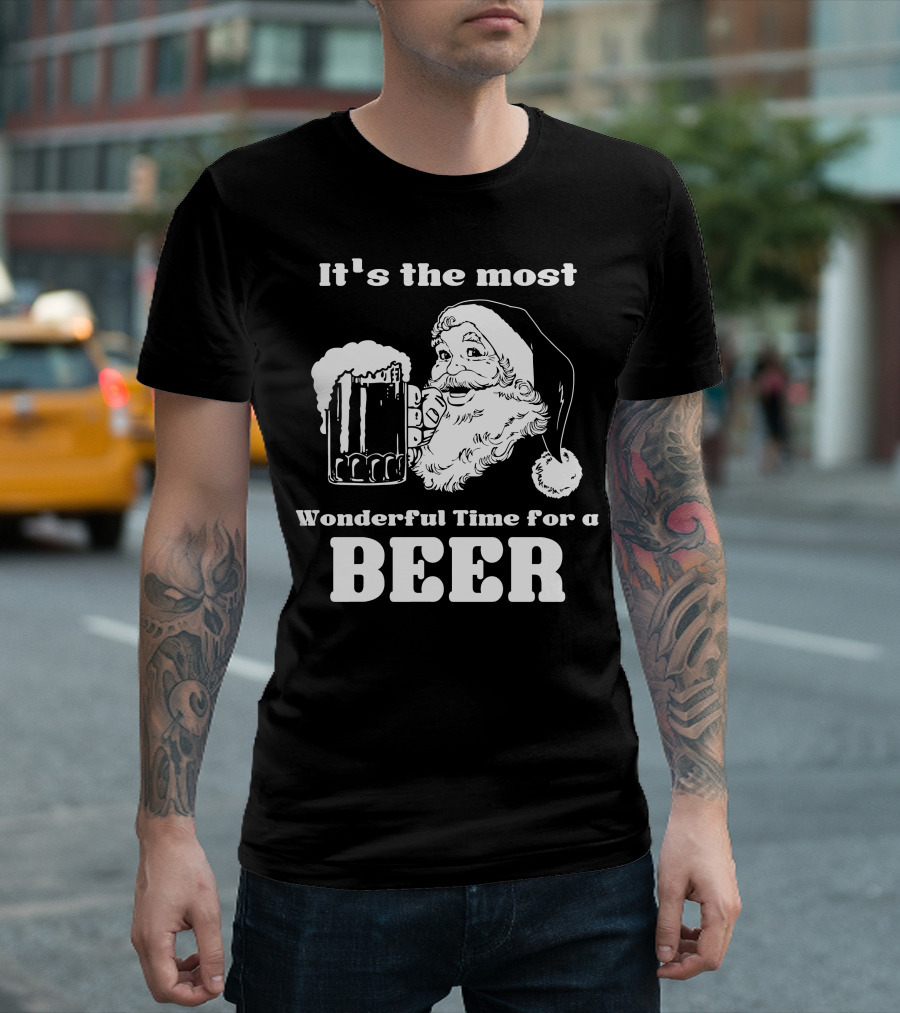 Christmas Santa It's the Most Wonderful Time for a Beer with Santa Hat and Mug of Beer T-Shirt