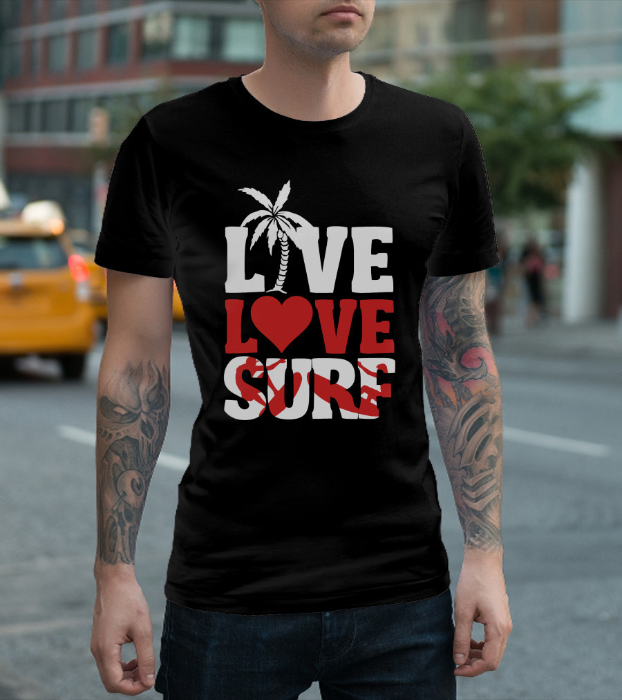 Live Love Surf Palm Tree Heart Ocean Waves T-Shirt