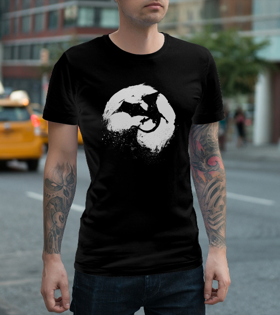 Midnight Desolation Dragon Silhouette In Full Moon T-Shirt