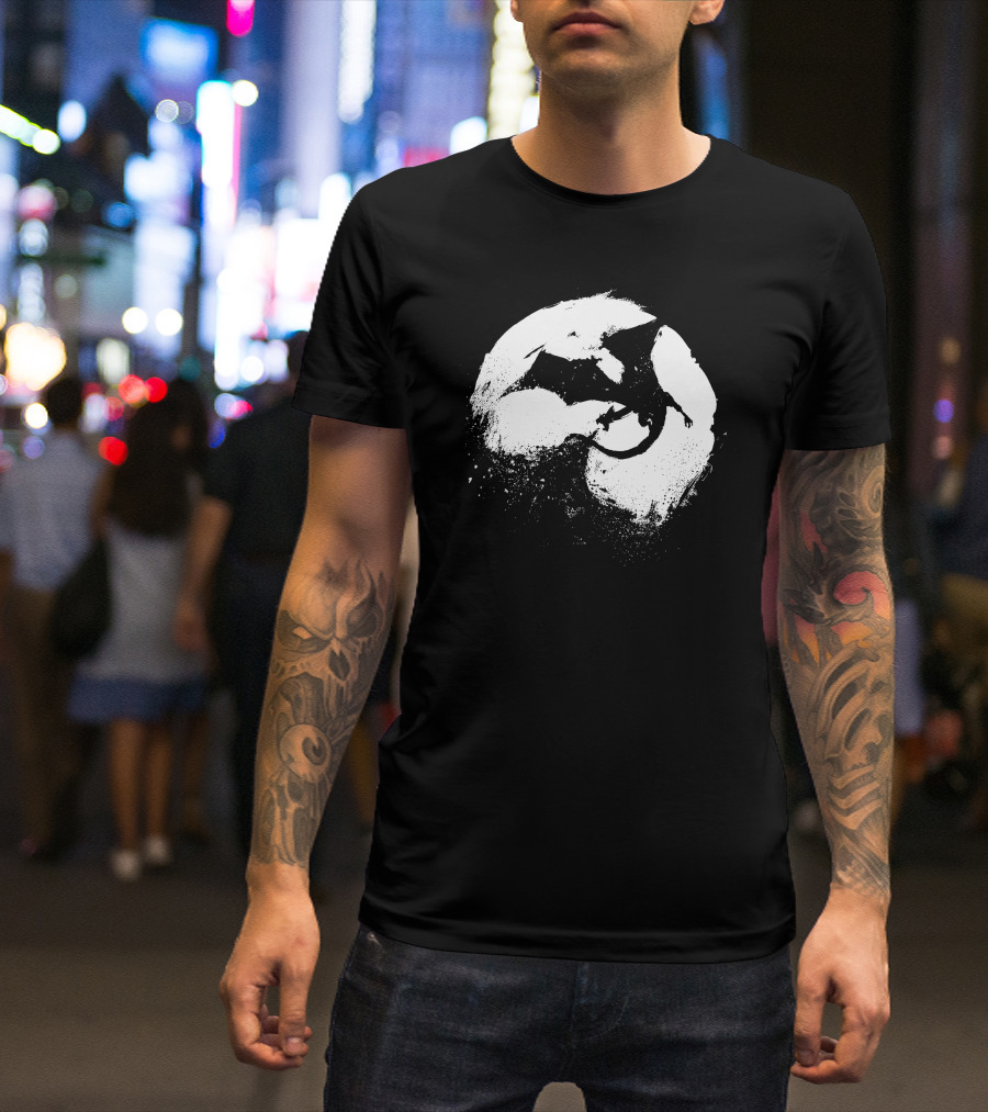Midnight Desolation Dragon Silhouette In Full Moon T-Shirt