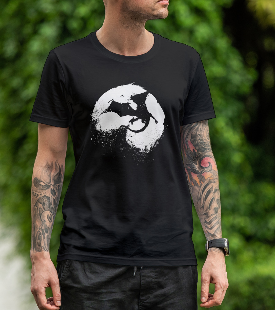Midnight Desolation Dragon Silhouette In Full Moon T-Shirt