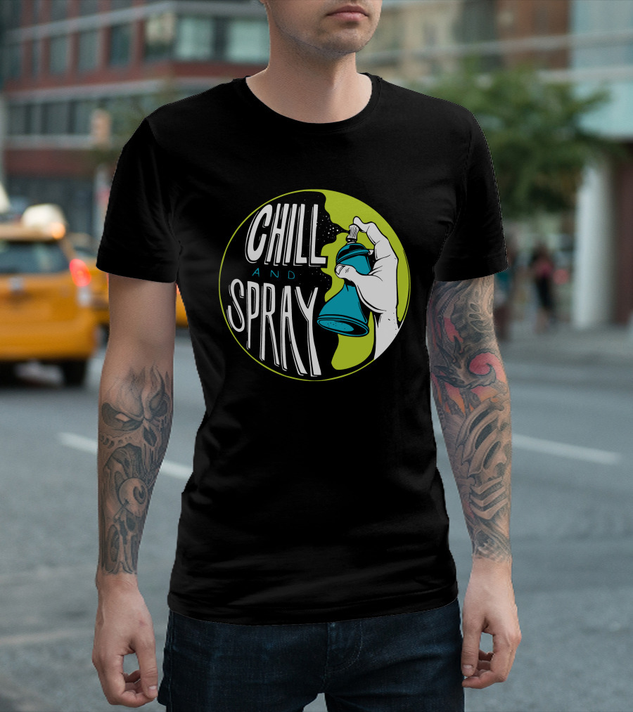 CHILL AND SPRAY Hand Holding Blue Can T-Shirt