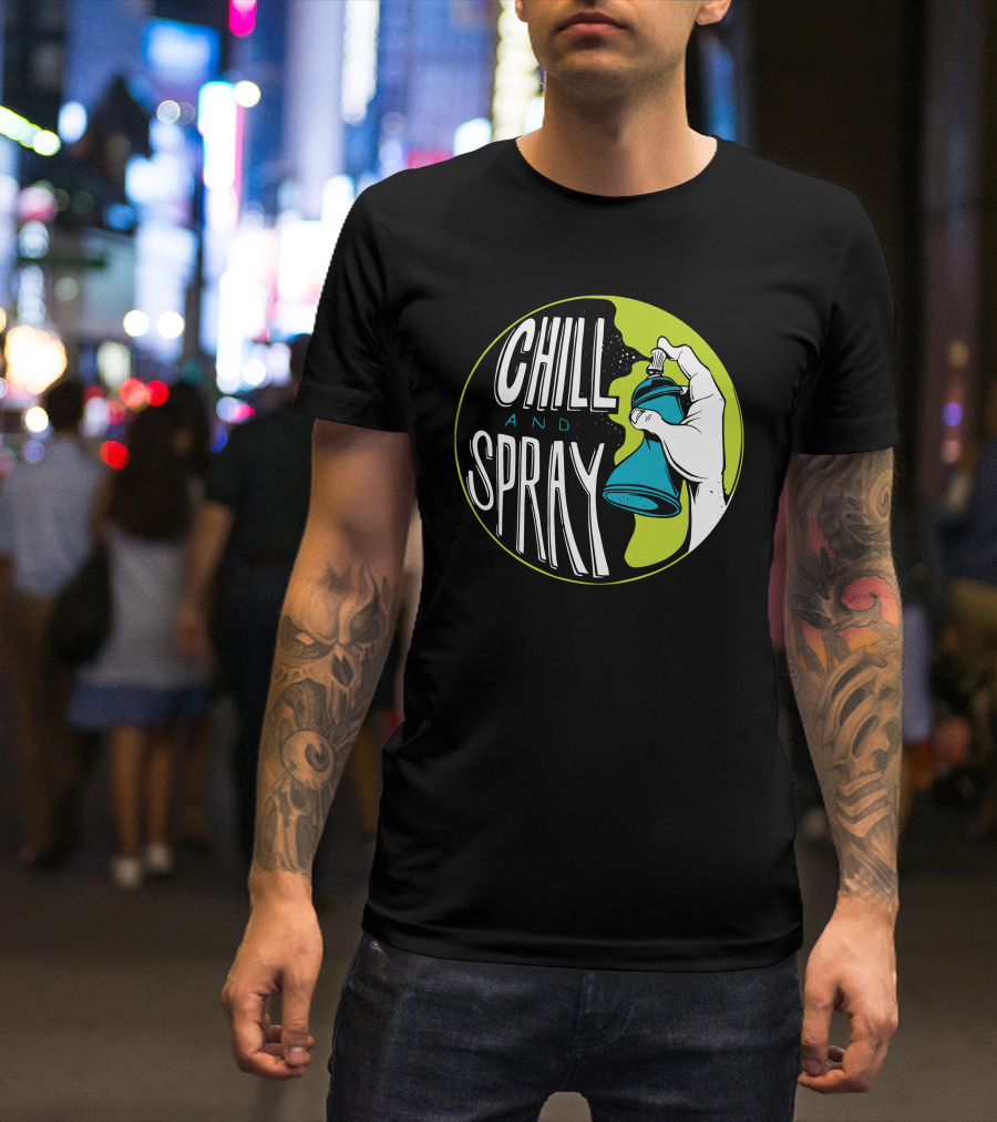 CHILL AND SPRAY Hand Holding Blue Can T-Shirt