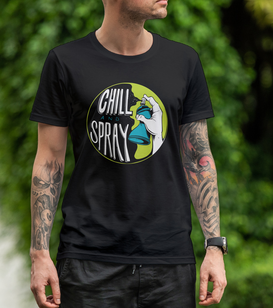 CHILL AND SPRAY Hand Holding Blue Can T-Shirt
