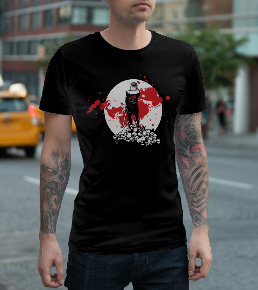 Black Knight Stands Tall on Red Blood Moon of Skulls T-Shirt