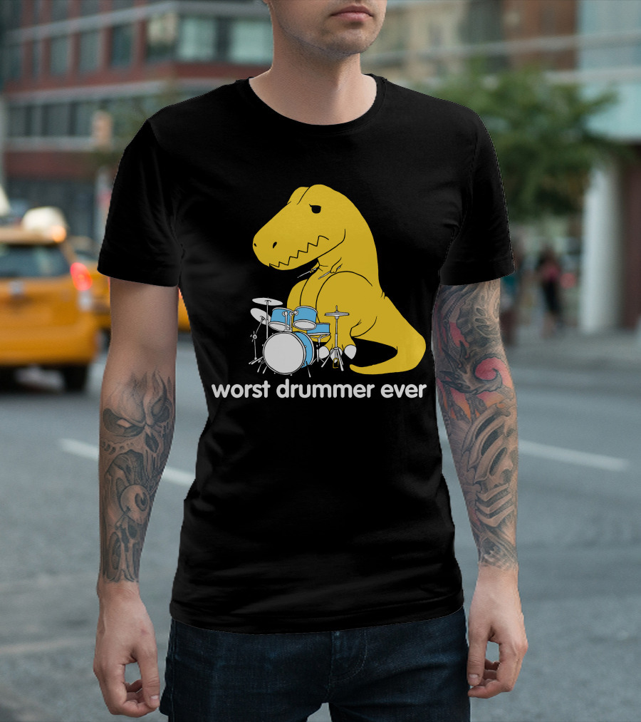 Worst Drummer Ever T-Rex with Drum Set T-Shirt