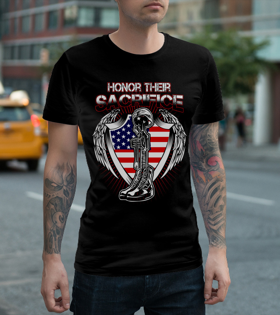 HONOR THEIR SACRIFICE American Flag Winged Soldier Memorial Helmet And Boots T-Shirt