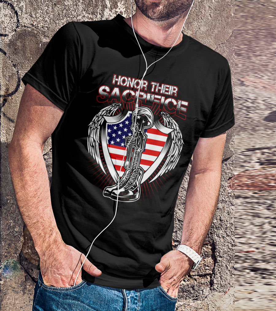 HONOR THEIR SACRIFICE American Flag Winged Soldier Memorial Helmet And Boots T-Shirt