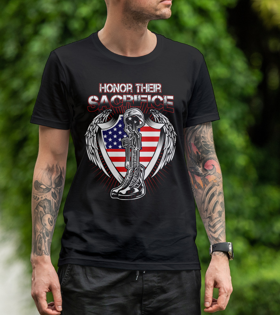 HONOR THEIR SACRIFICE American Flag Winged Soldier Memorial Helmet And Boots T-Shirt