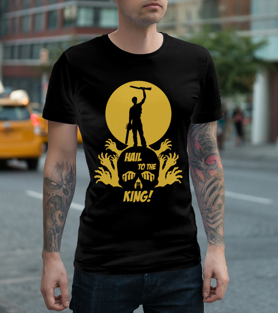 Hail to the King Skeleton Moon Chainsaw Hero with Zombie Hands T-Shirt