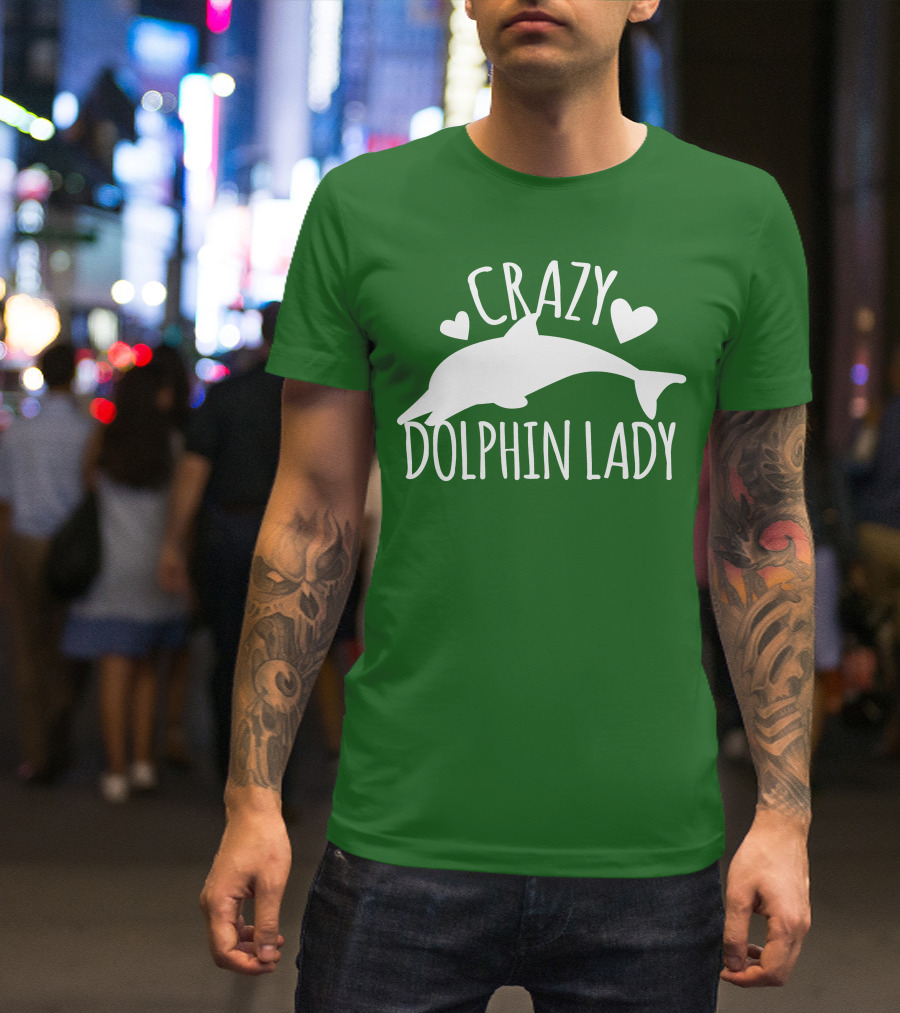 CRAZY DOLPHIN LADY Hearts And Dolphin Silhouette On Green T-Shirt
