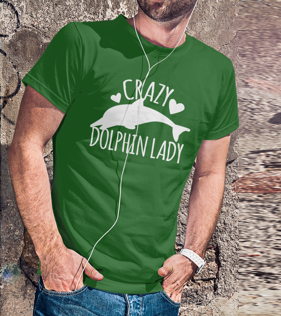 CRAZY DOLPHIN LADY Hearts And Dolphin Silhouette On Green T-Shirt