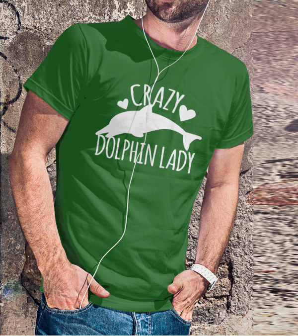 CRAZY DOLPHIN LADY Hearts And Dolphin Silhouette On Green T-Shirt