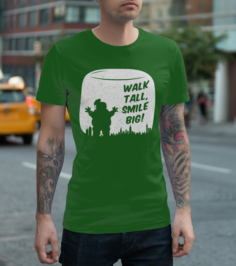 WALK TALL SMILE BIG Stay Puft Marshmallow Man City Skyline T-Shirt