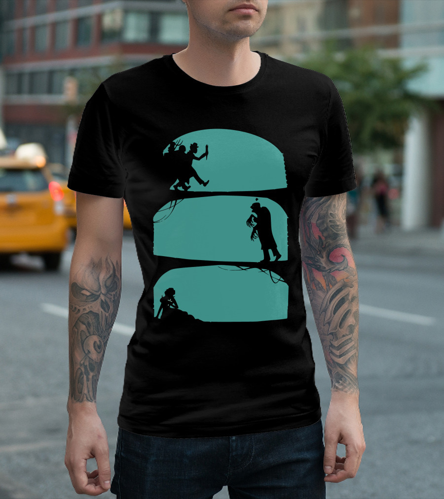 Hunt the Zombie Silhouette Chase with Weapon, Creeping Figure, and Hiding Woman T-Shirt