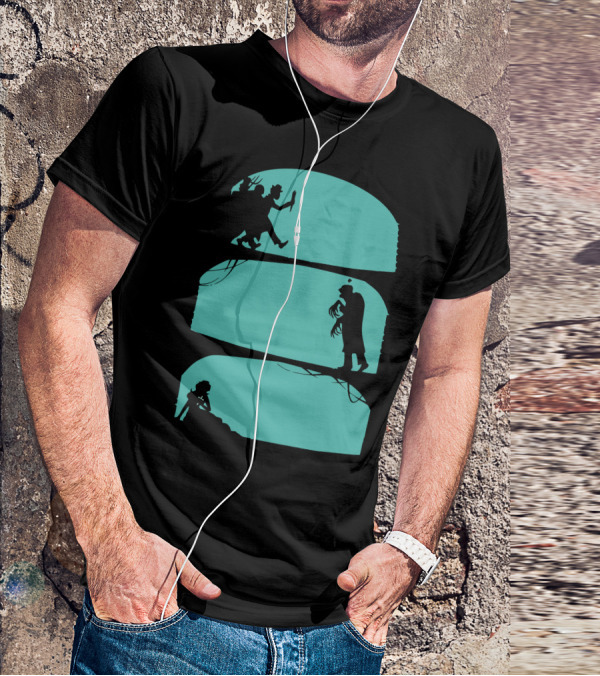 Hunt The Zombie Silhouette Chase With Weapon, Creeping Figure, And Hiding Woman T-Shirt