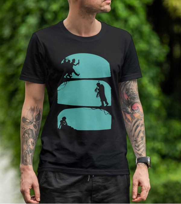 Hunt The Zombie Silhouette Chase With Weapon, Creeping Figure, And Hiding Woman T-Shirt