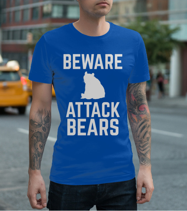 BEWARE ATTACK BEARS Silhouette Blue Background T-Shirt