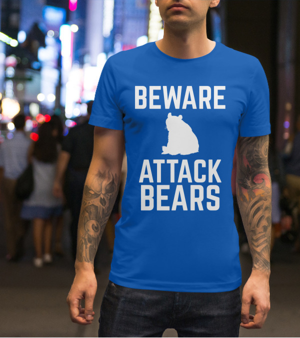 BEWARE ATTACK BEARS Silhouette Blue Background T-Shirt