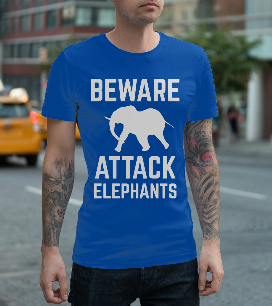 BEWARE ATTACK ELEPHANTS Blue Background White Elephant T-Shirt