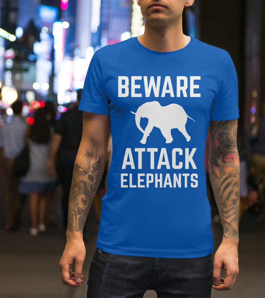 BEWARE ATTACK ELEPHANTS Blue Background White Elephant T-Shirt