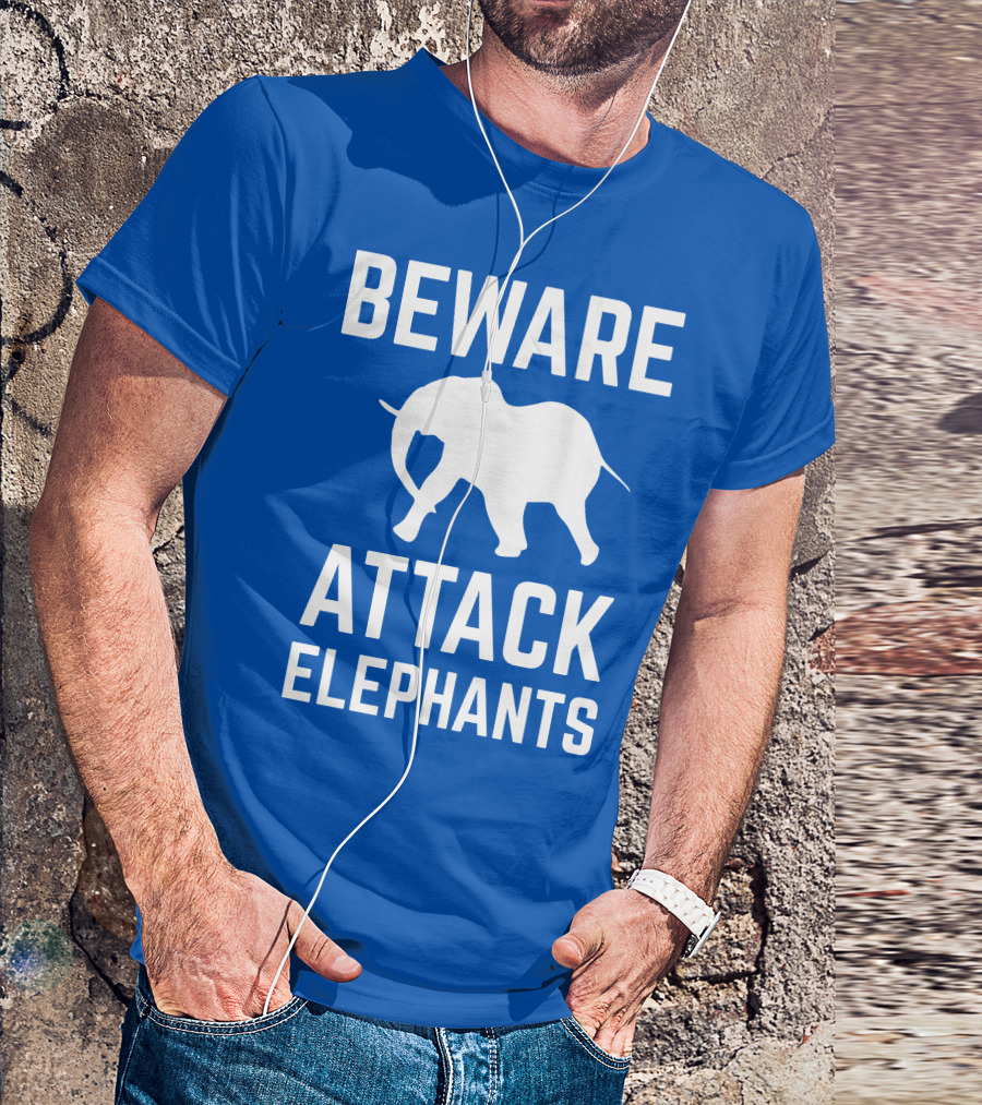 BEWARE ATTACK ELEPHANTS Blue Background White Elephant T-Shirt