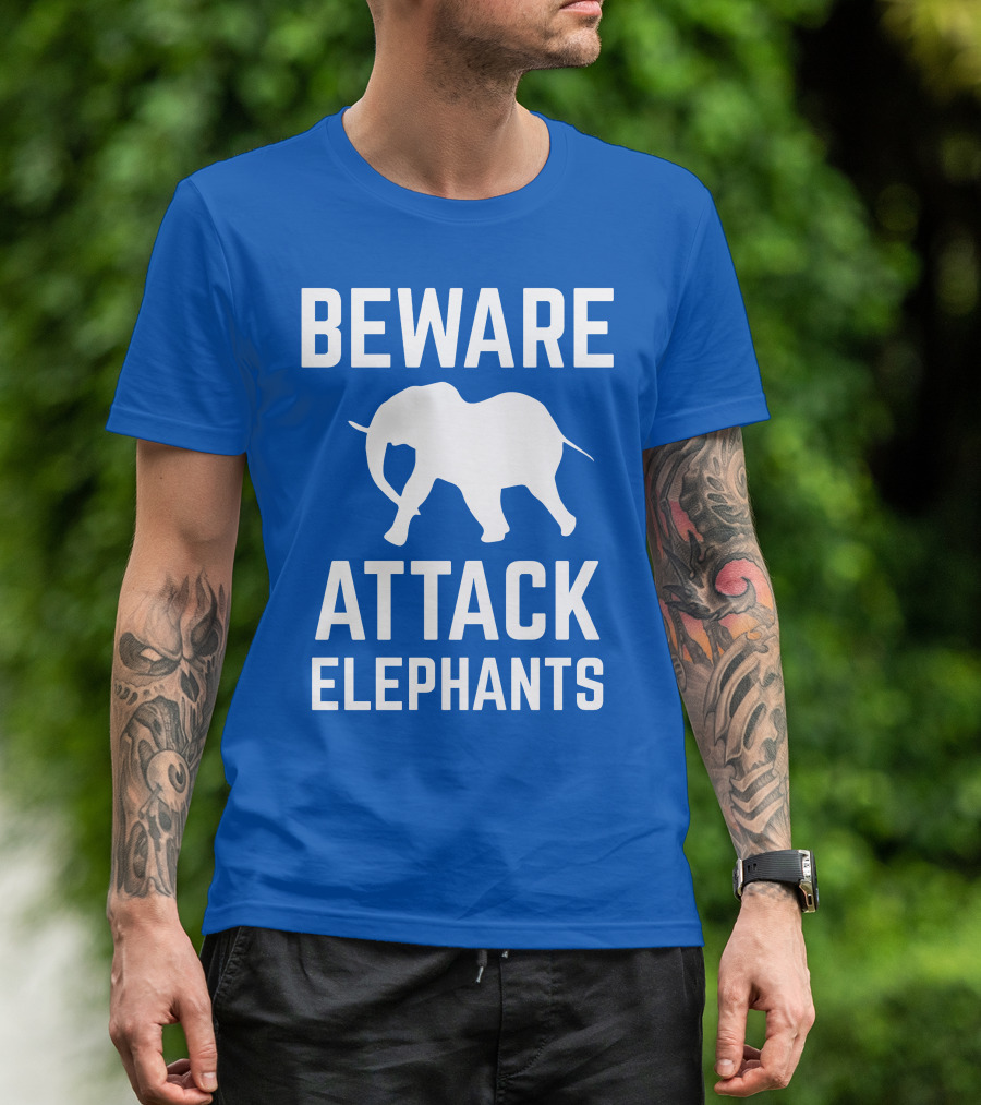 BEWARE ATTACK ELEPHANTS Blue Background White Elephant T-Shirt