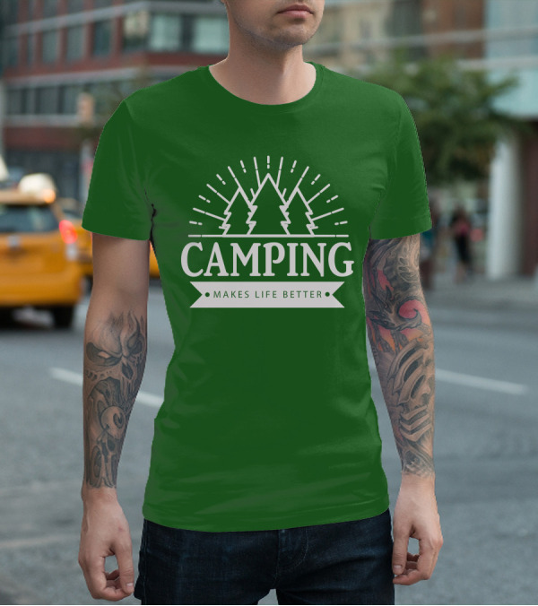 Camping Makes Life Better With Forest Trees And Radiant Sunburst T-Shirt