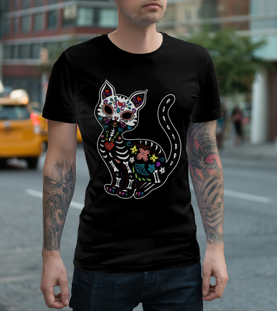 Calavera Cat Dia De Los Muertos Sugar Skull Colorful Skeleton Decor T-Shirt