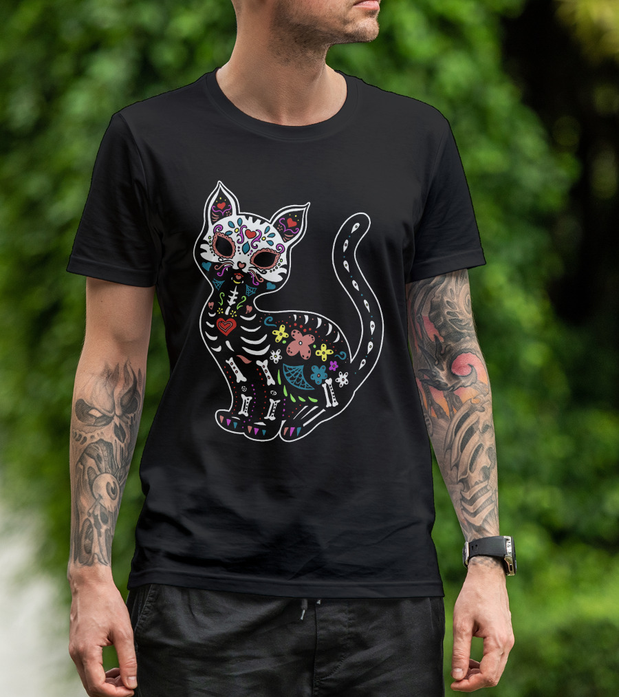 Calavera Cat Dia De Los Muertos Sugar Skull Colorful Skeleton Decor T-Shirt
