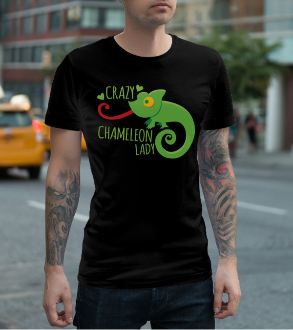 CRAZY CHAMELEON LADY Green Cartoon With Hearts T-Shirt