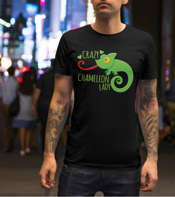 CRAZY CHAMELEON LADY Green Cartoon With Hearts T-Shirt