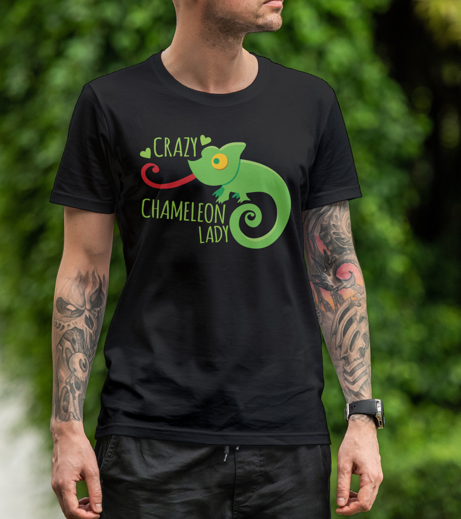 CRAZY CHAMELEON LADY Green Cartoon With Hearts T-Shirt