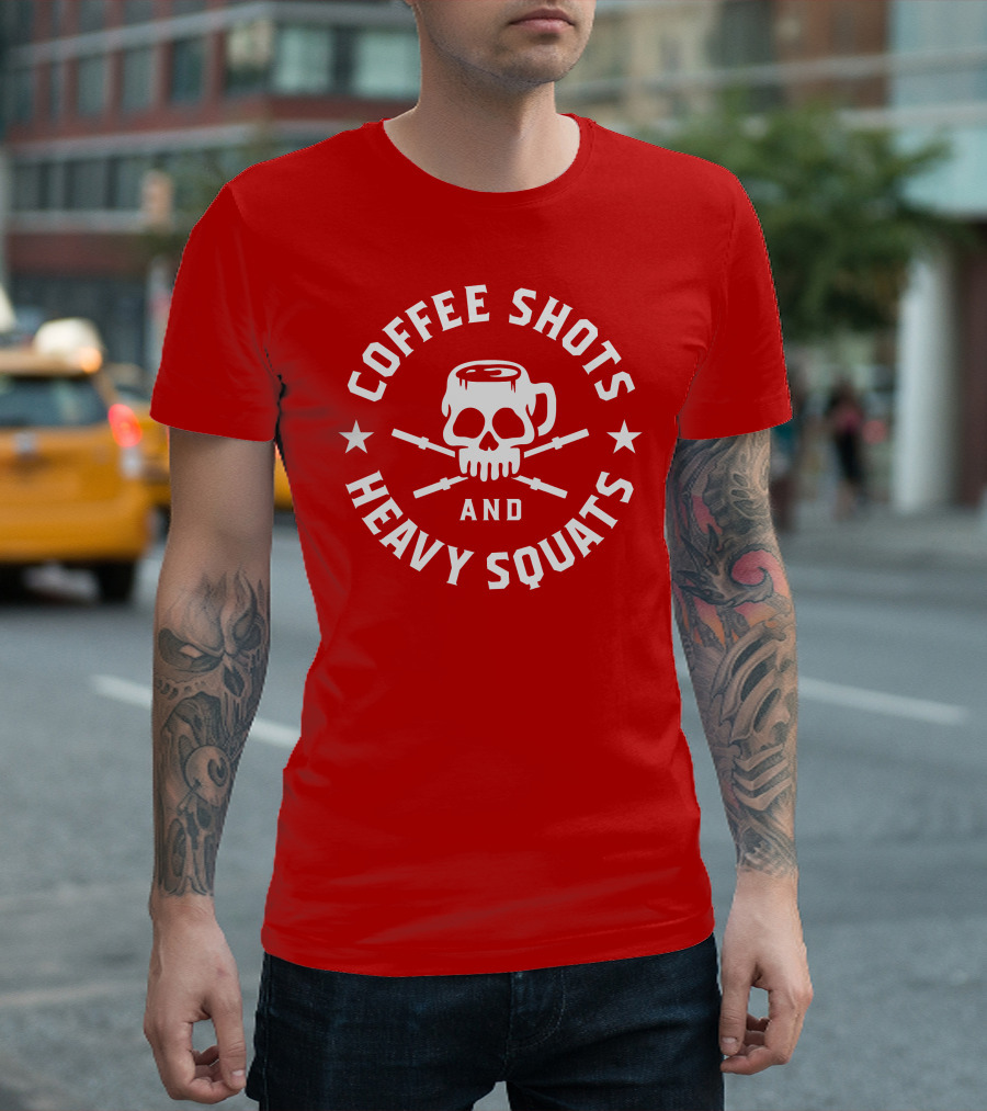 Coffee Shots And Heavy Squats Skull Mug And Barbells T-Shirt