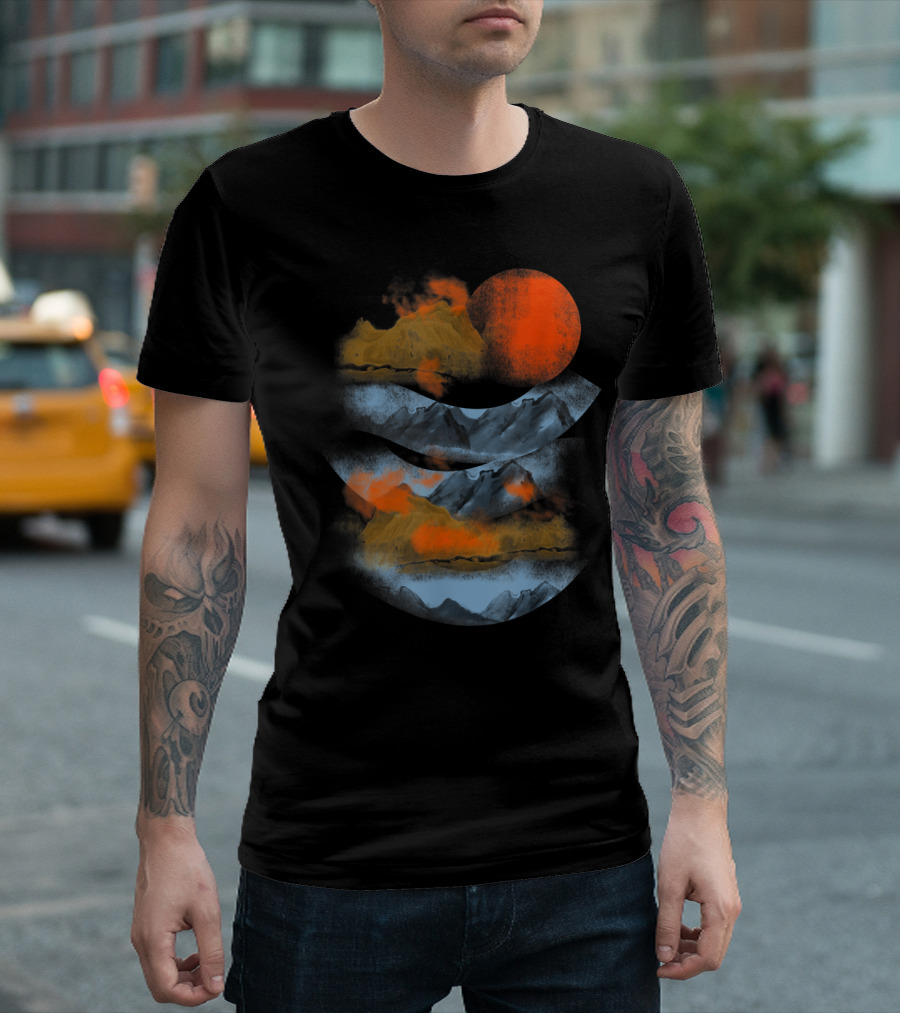 Blurry Mountains Clouds with Red Sun and Smoky Peaks T-Shirt
